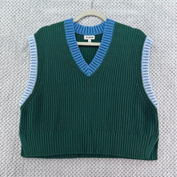 STAUD Sweater Womens S Green Blue Trim Rib Knit Americana Vest V-Neck Preppy - Picture 1 of 8